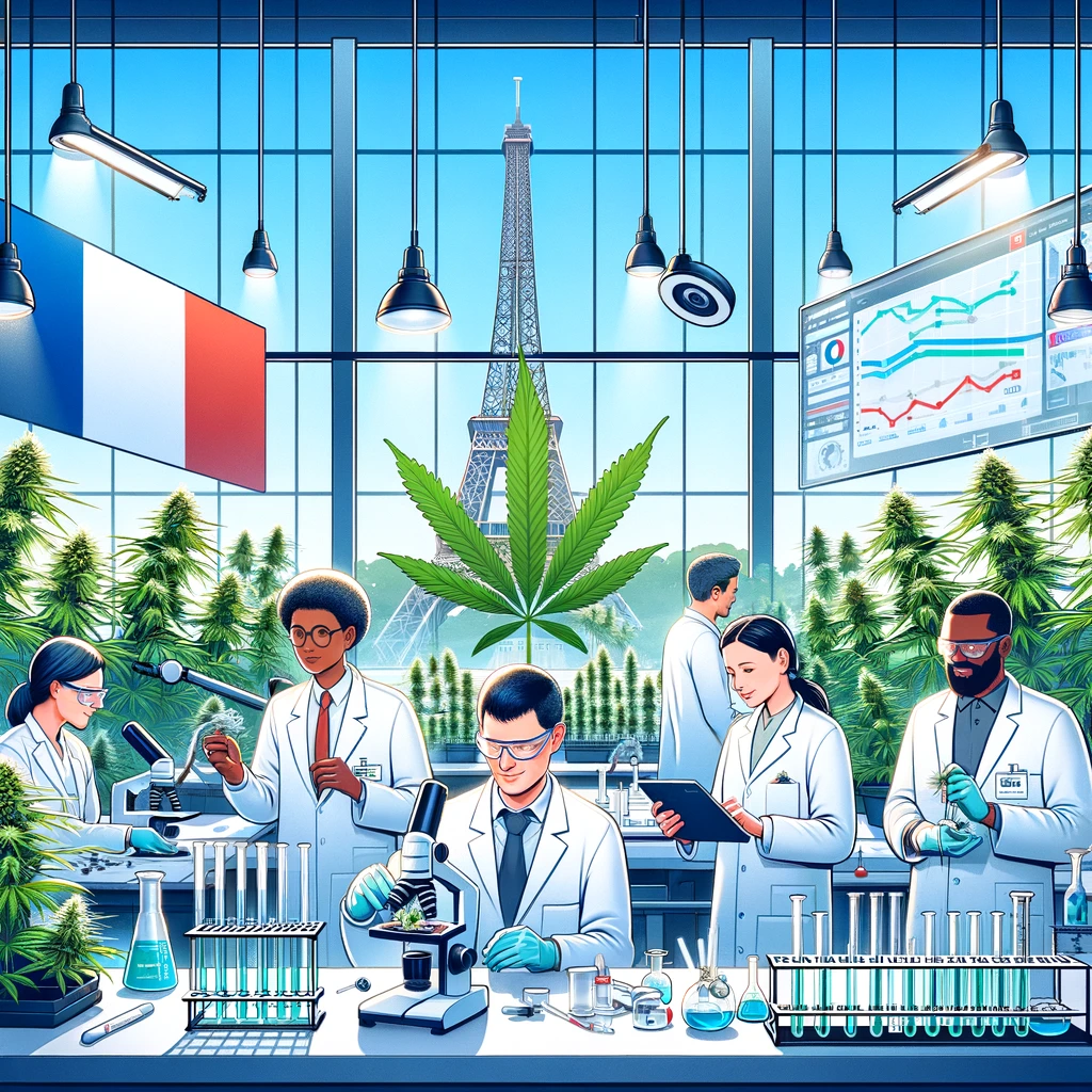 Illustration d'un laboratoire scientifique moderne en France avec des scientifiques de diverses origines travaillant sur des plantes de cannabis médical, avec la Tour Eiffel visible en arrière-plan.