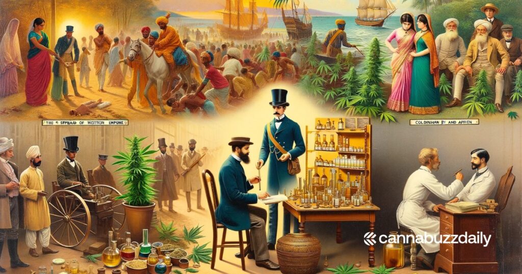 Voici l'image créée pour la section du 19e siècle de votre article, mettant en lumière l'âge d'or du cannabis. Elle illustre sa propagation par l'Empire britannique en Inde et en Afrique du Sud, montrant des scènes d'utilisation récréative et reflétant son impact culturel. L'image inclut également la représentation de l'émergence du cannabis en médecine occidentale, avec des médecins de l'époque victorienne recherchant et utilisant le cannabis pour le traitement. Cette scène capture l'essence du 19e siècle, mettant en évidence les aspects coloniaux, culturels et médicaux du cannabis pendant cette époque.